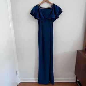 Adrianna Papell Blue Off Shoulder Flutter Sleeve Full Length Gown